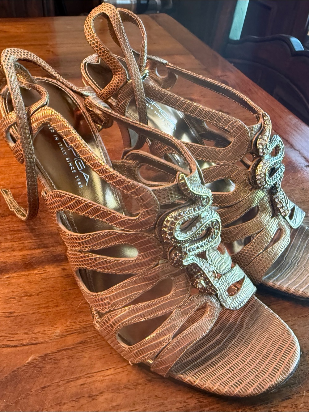 Via Spiga Metallic Bronze Strappy Heels with Crystal Snake Accent